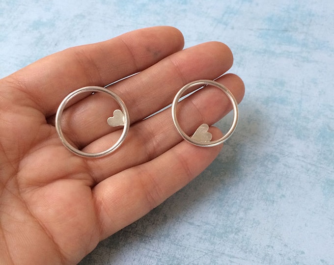 Asymmetric stud silver earrings - circle stud earrings -open circle and hearts earrings