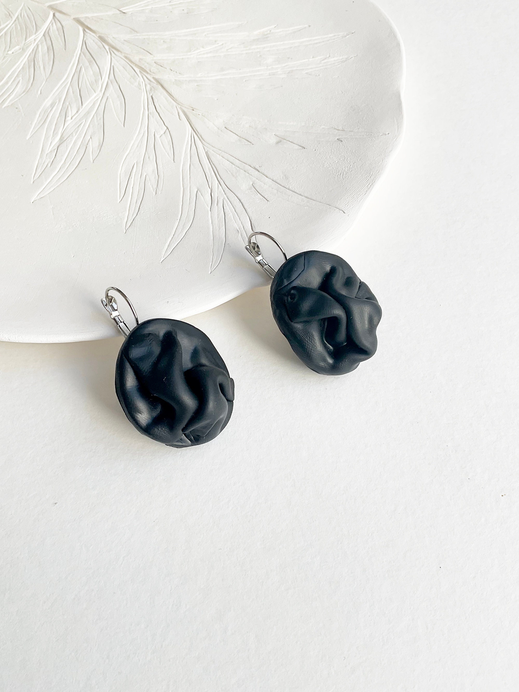 Modern statement unique black clay earrings , abstract polymer clay earrings