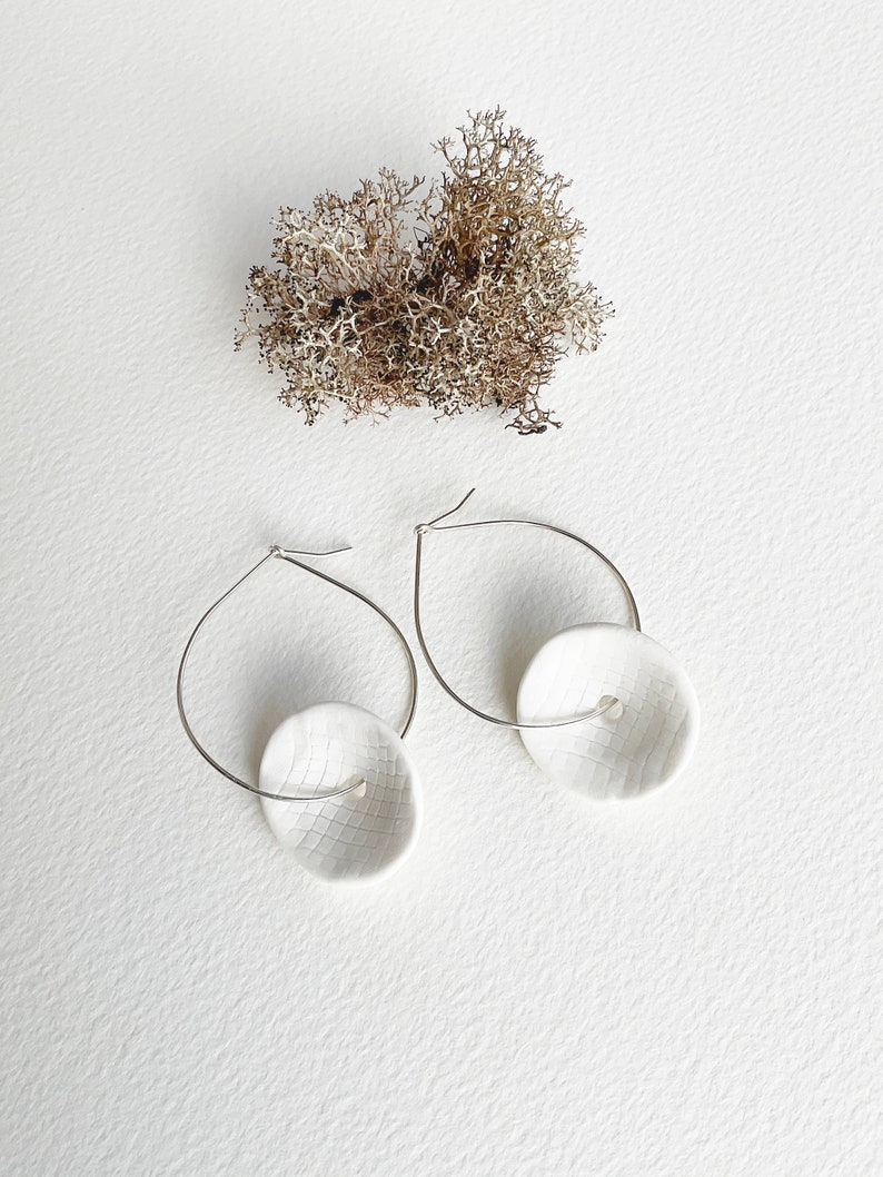 Statement porcelain hoop earrings, modern ceramic earrings, geometric circle earrings, white earrings, contemporary jewelry image 1