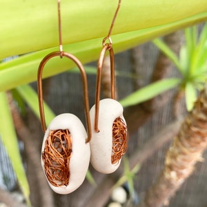 Cocoon copper dangling earrings, statement polymer clay earrings , modern sculptural earrings, contemporary jewelry image 7