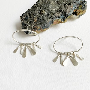 Modern silver oval earrings with fringe, abstract floral earrings