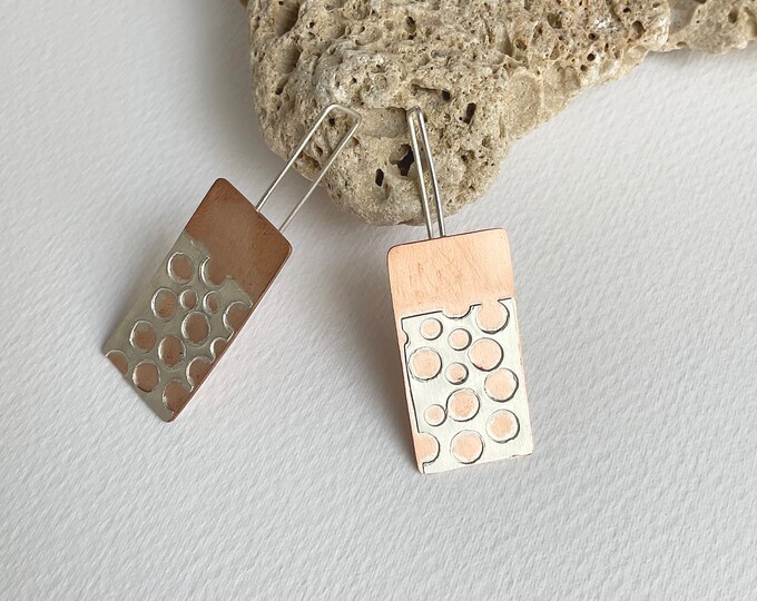 Statement copper and silver rectangle earrings, long mixed metal bar earrings