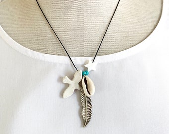 Boho multi charm necklace, feather and bird pendant necklace, cowrie shell necklace, bohemian jewelry, gift for her