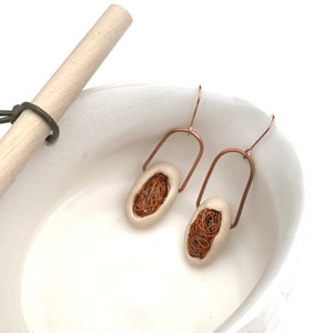 Cocoon copper dangling earrings, statement polymer clay earrings , modern sculptural earrings, contemporary jewelry image 2