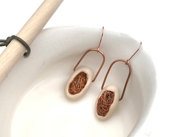 Statement polymer clay earrings , cocoon copper dangling earrings