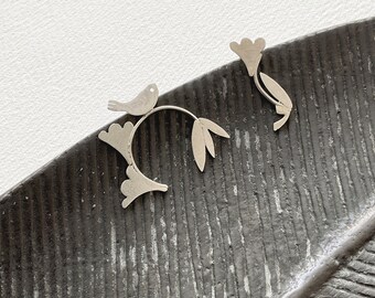 Unique Mismatched Stud Earrings with Bird, Flowers and Leaves, Modern Artistic Silver Jewelry for Nature Lovers