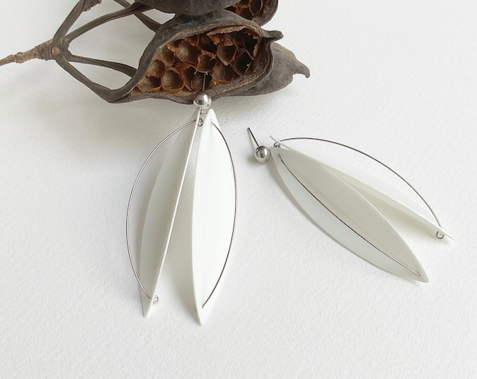 Contemporary long dangle recycled earrings, modern geometric leaf earrings