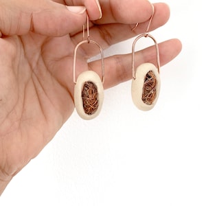 Cocoon copper dangling earrings, statement polymer clay earrings , modern sculptural earrings, contemporary jewelry image 3