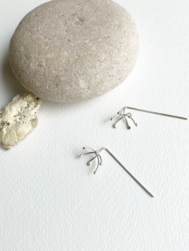 Minimalist dandelion seed bar earrings, modern wild flower earrings, everyday silver earrings, simple floral jewelry, gift for her image 1