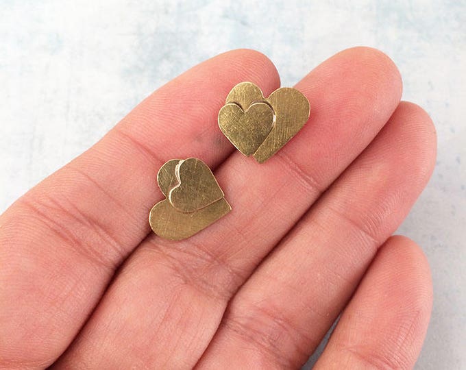 Double heart stud earrings - Brass stud heart earrings - golden hearts earrings