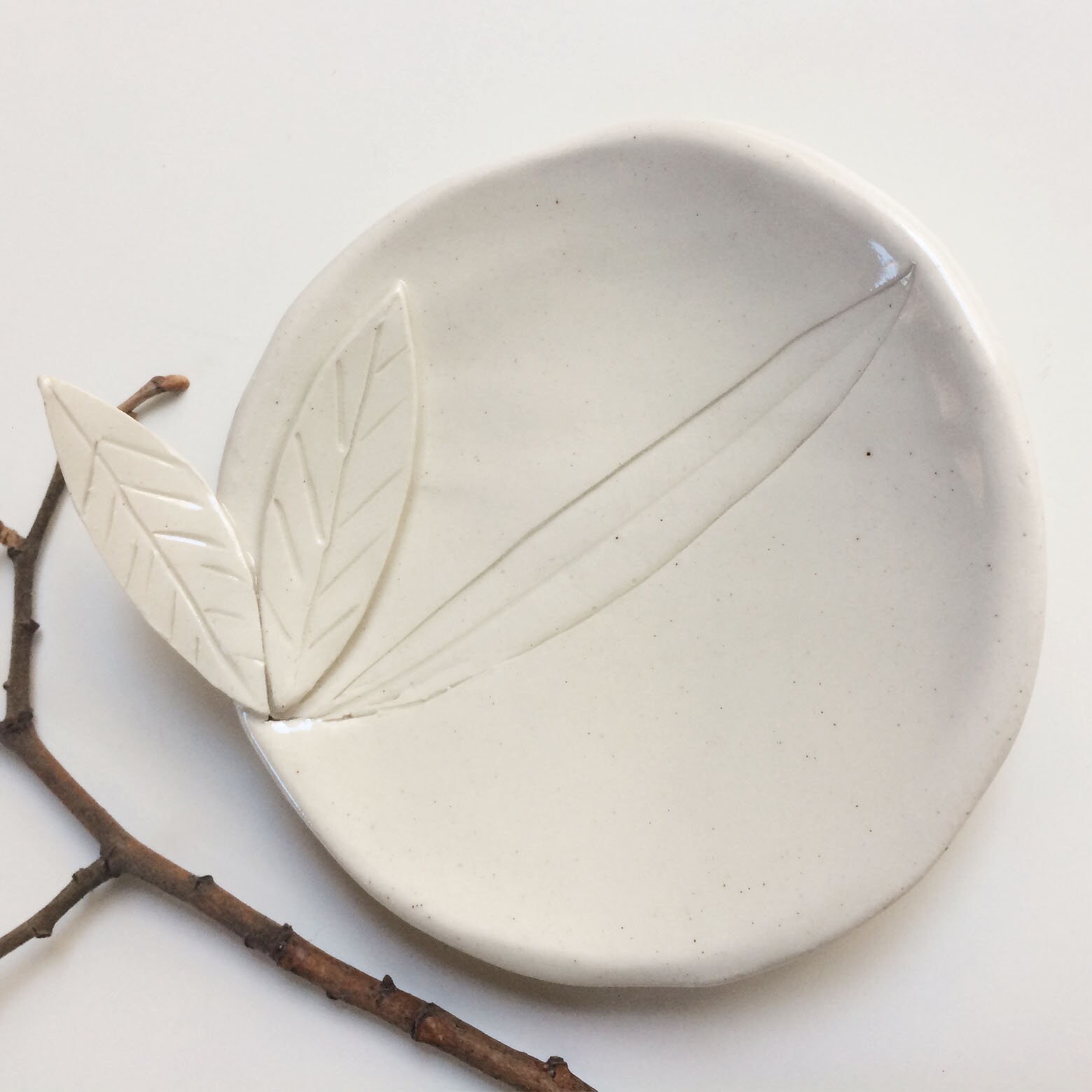 Ceramic leaf plate jewelry dish white stoneware small decorative