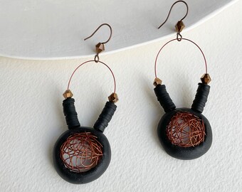 Unique modern clay earrings, long dangle black nest earrings, modernist statement big earrings, gift for her
