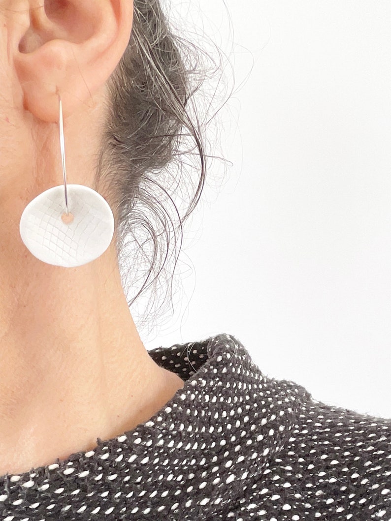 Statement porcelain hoop earrings, modern ceramic earrings, geometric circle earrings, white earrings, contemporary jewelry image 4