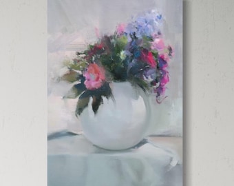 Regalo de aniversario | Arte floral rosa | Naturaleza muerta moderna / Impresión artística giclée / Naturaleza muerta floral / Decoración de pared botánica brillante