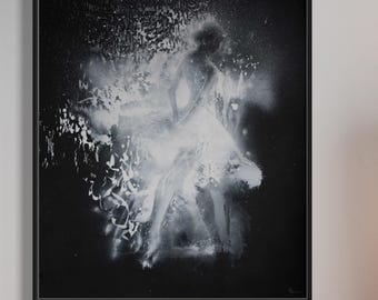 Arte mural de bailarina en blanco y negro: lienzo minimalista de bailarina de ballet, elegante decoración artística.