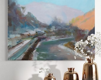 Pintura de paisaje original, arte impresionista de invierno, lienzo al óleo de paisaje, obra de arte azul y naranja,