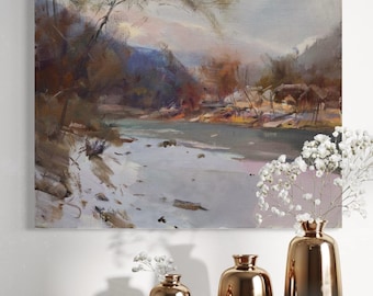 Pintura al óleo de paisaje impresionista, arte invernal, paisaje al óleo, lienzo con río y montañas, colgante de pared para amantes de la naturaleza
