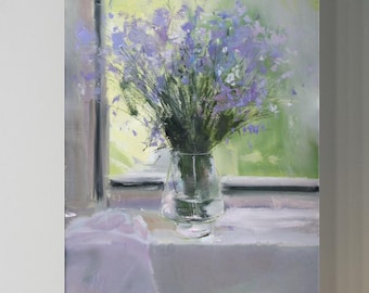 Regalo para ella, lienzo de arte floral para pared, flores de campo azules, impresión de flores rústicas, naturaleza muerta, decoración de pared con flores en tonos pastel suaves.