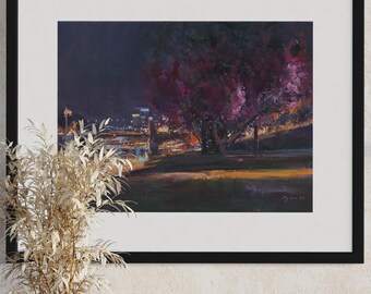 Pintura al óleo del paisaje urbano de la ciudad de Frankfurt por la noche, arte original de la ciudad con luces de noche, arte en lienzo, regalo para los amantes de las grandes ciudades, obra de arte original