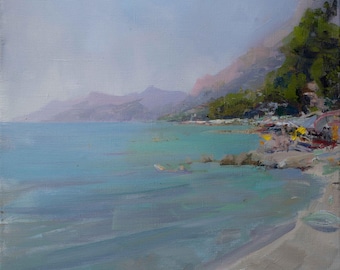 Pintura original de paisaje marino pequeño de playa, lienzo moderno de arte costero, arte playero impresionista, regalo para esposa