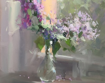 Abstract Flower Oil Painting on Canvas, Still Life Artwork with Lilacs Anniversary Gift