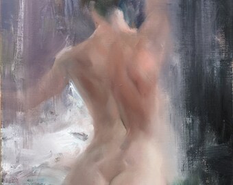 Woman Back Nude Oil Painting, Contemporary Woman Art, Bedroom Artwork