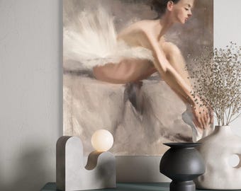 Impresión artística giclée de bailarina de ballet / Arte mural figurativo elegante / Decoración del hogar suave y neutra / Impresión de pintura en lienzo de Yuri Pysar