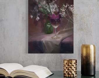 Pintura al óleo, obra de arte original de naturaleza muerta con flores, lienzo para decoración moderna del hogar.