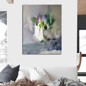 Large abstract print of painting, Giclee print, Ready to hang wall art canvas print, Contemporary art grey lilac green image 2