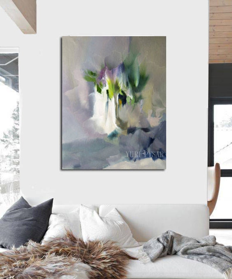 Large abstract print of painting, Giclee print, Ready to hang wall art canvas print, Contemporary art grey lilac green image 2