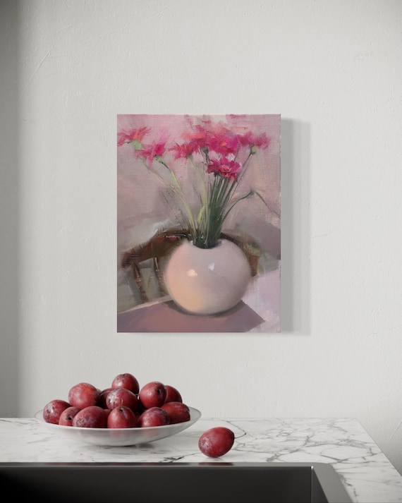 Pink Painting Gerber Flower Oil Artwork, Gift Still Life Art