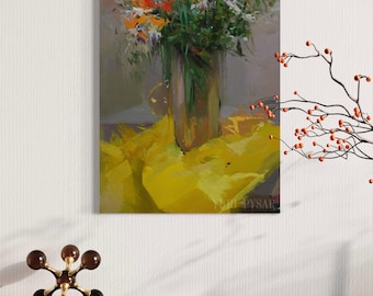 Pintura de flores anaranjadas, arte en lienzo amarillo y verde, pintura de naturaleza muerta contemporánea, obra de arte floral moderna