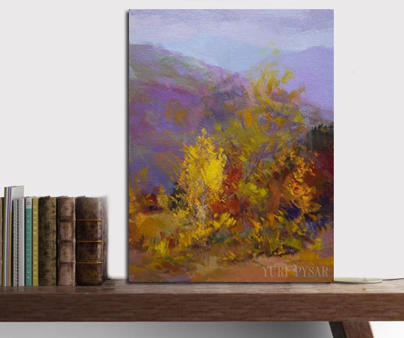 Small landscape painting yellow and lilac canvas art autumn | Etsy