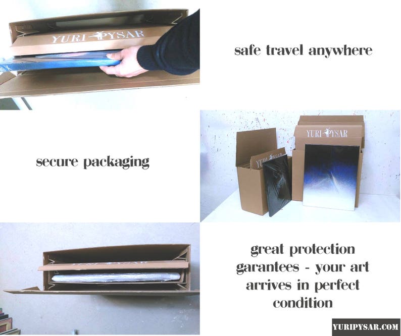 May include: Cardboard boxes with artwork inside, labeled "YURI PYSAR". The boxes are shown in various stages of packaging, with text that reads "safe travel anywhere", "secure packaging", and "great protection guarantees - your art arrives in perfect condition".