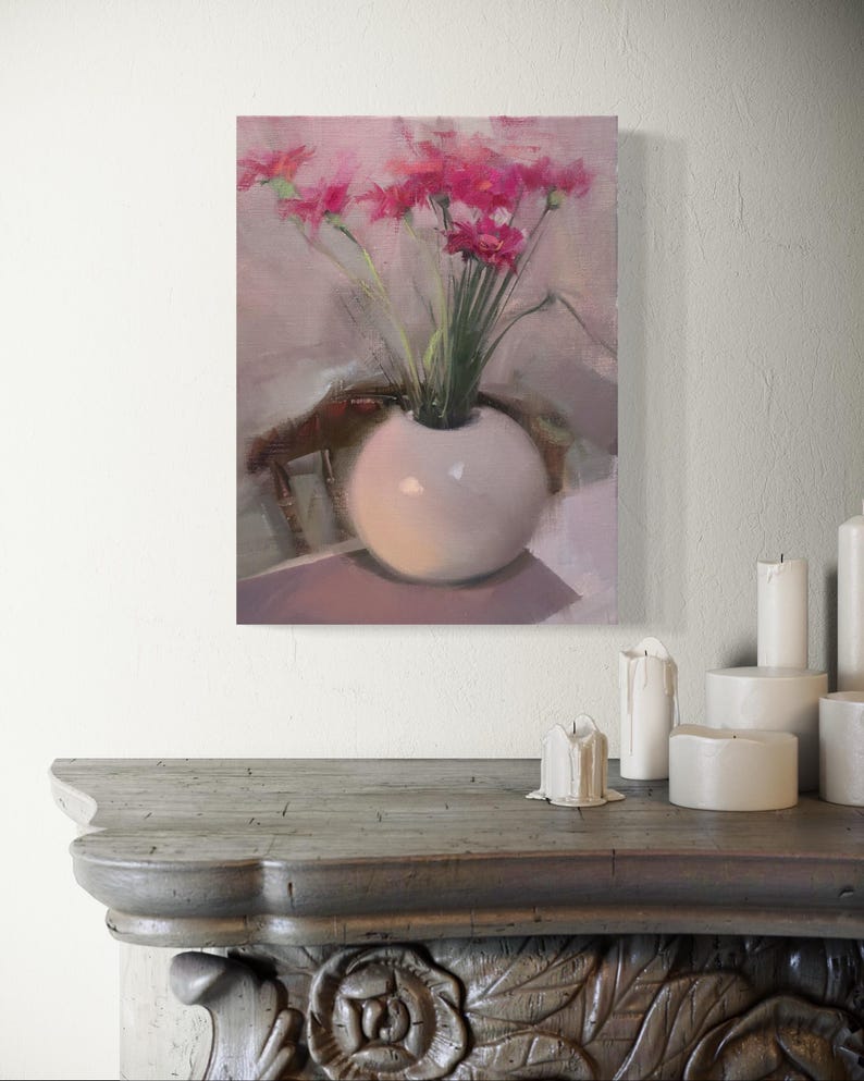 May include: An oil painting of a white, spherical vase holding a bouquet of pink flowers. The vase sits on a table, with a chair in the background. The painting has a soft, muted color palette.