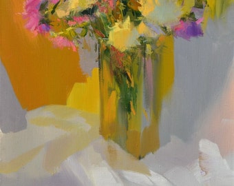 Pintura al óleo colorida, pintura floral, naturaleza muerta, pintura de flores, pintura contemporánea de flores amarillas, arte de pared en lienzo