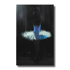 May include: A painting of a ballerina in a blue and white tutu, set against a dark background. The artwork captures the dancer's silhouette, with the tutu and bodice highlighted in bright colors. The overall effect is a dramatic and elegant depiction of ballet.