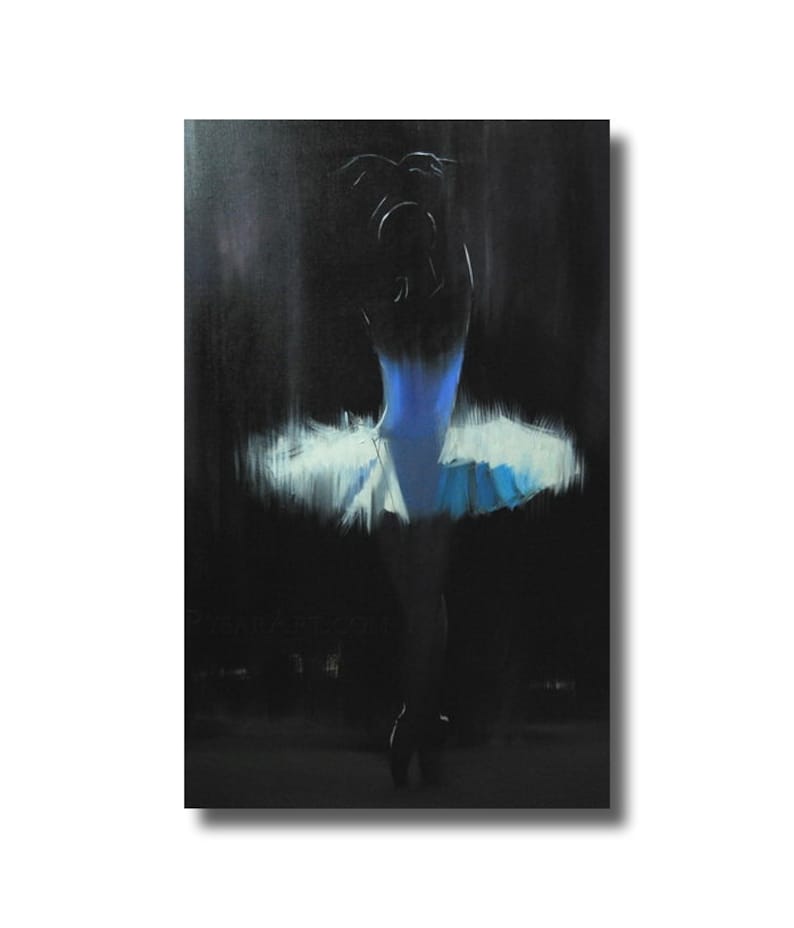 May include: A painting of a ballerina in a blue and white tutu, set against a dark background. The artwork captures the dancer's silhouette, with the tutu and bodice highlighted in bright colors. The overall effect is a dramatic and elegant depiction of ballet.