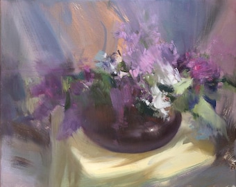 Pintura al óleo floral de lilas moradas, bodegón para pared, regalo para amantes de la naturaleza, lienzo floral original de un artista galardonado.