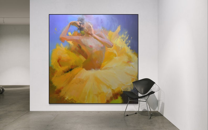 Oversized painting of ballerina art original, Extra large painting Contemporary Art Woman Oil painting 2 m, Yellow painting image 7