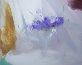 Abstract Oil painting, Lilac and Blue flower painting on canvas, Original Spring Floral Painting by Yuri Pysar