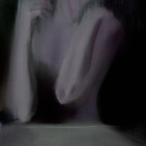 May include: An abstract painting with a dark, blurred background. The central focus is a figure, rendered in soft, muted tones of white and gray. The figure's form is indistinct, with suggestions of arms and a torso. The overall effect is dreamlike and ethereal.