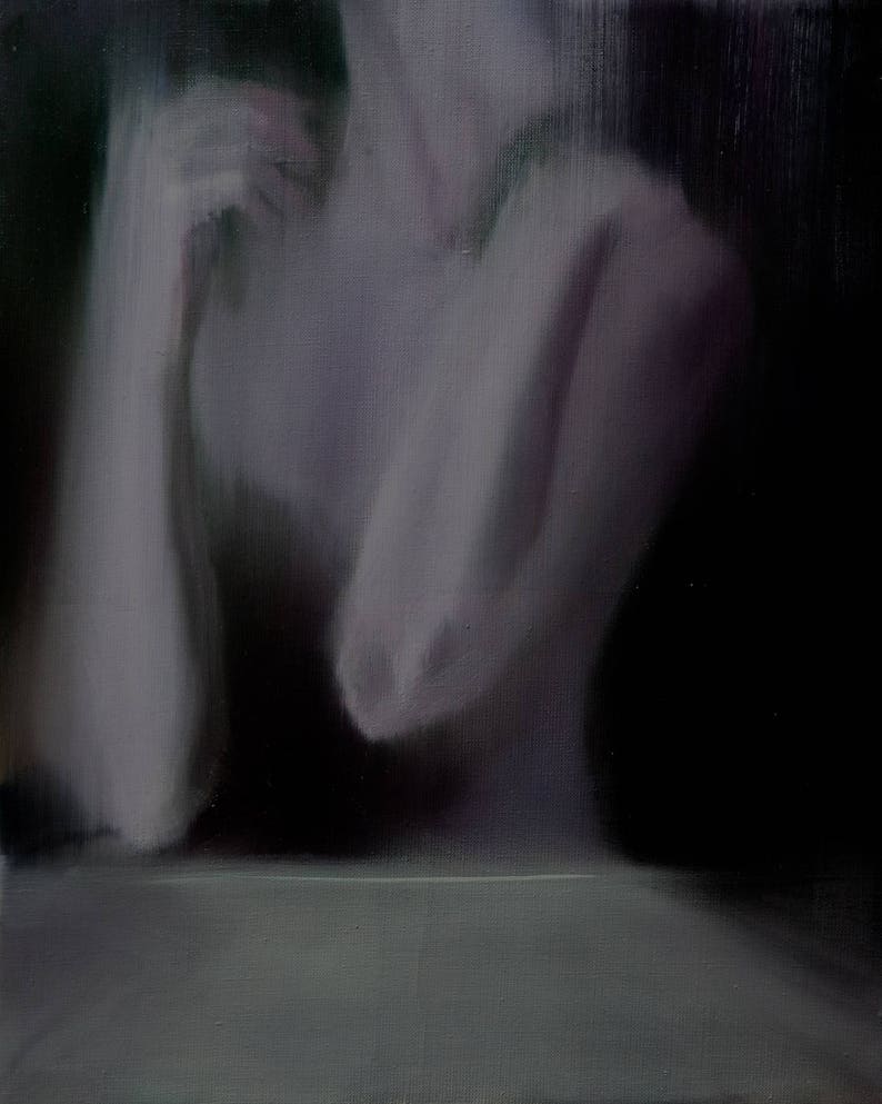 May include: An abstract painting with a dark, blurred background. The central focus is a figure, rendered in soft, muted tones of white and gray. The figure's form is indistinct, with suggestions of arms and a torso. The overall effect is dreamlike and ethereal.