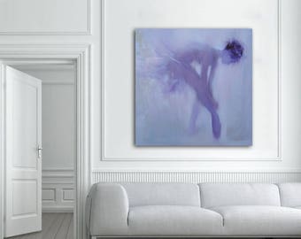 May include: A square canvas art piece depicting a ballet dancer in shades of purple and lavender. The abstract painting shows the dancer in a graceful pose, with soft brushstrokes creating a sense of movement. The artwork hangs on a white wall above a gray sofa.