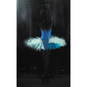 May include: An artistic painting of a ballerina in a blue leotard and white tutu, set against a dark background. The dancer is in a graceful pose, with the tutu appearing to be in motion. The artwork evokes a sense of elegance and movement.