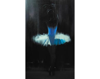 May include: An artistic painting of a ballerina in a blue leotard and white tutu, set against a dark background. The dancer is in a graceful pose, with the tutu appearing to be in motion. The artwork evokes a sense of elegance and movement.