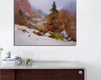 Pintura al óleo de montaña invernal, paisaje de bosque nevado, 70 x 90 cm