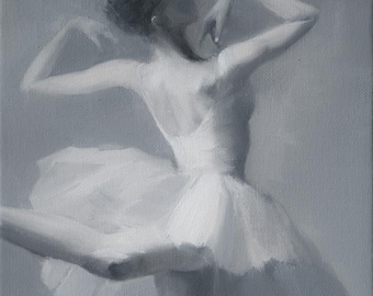 Arte mural para sala de estar, regalo de cumpleaños, pintura pequeña de ballet, obra de ballet de cisnes, pintura al óleo original en blanco y negro.