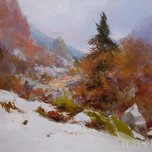 Winter Nature, Large landscape painting Mountain art, Winter oil painting on canvas, Snowy Forest wall art