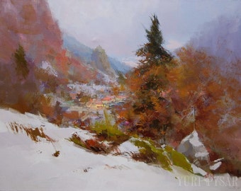 Naturaleza de invierno, pintura de paisaje grande arte de montaña, pintura al óleo de invierno sobre lienzo, arte de la pared del bosque nevado